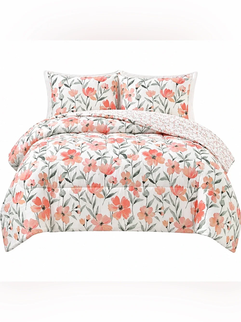 Denise King Floral 3 Piece Comforter Set Coral Peach Green New